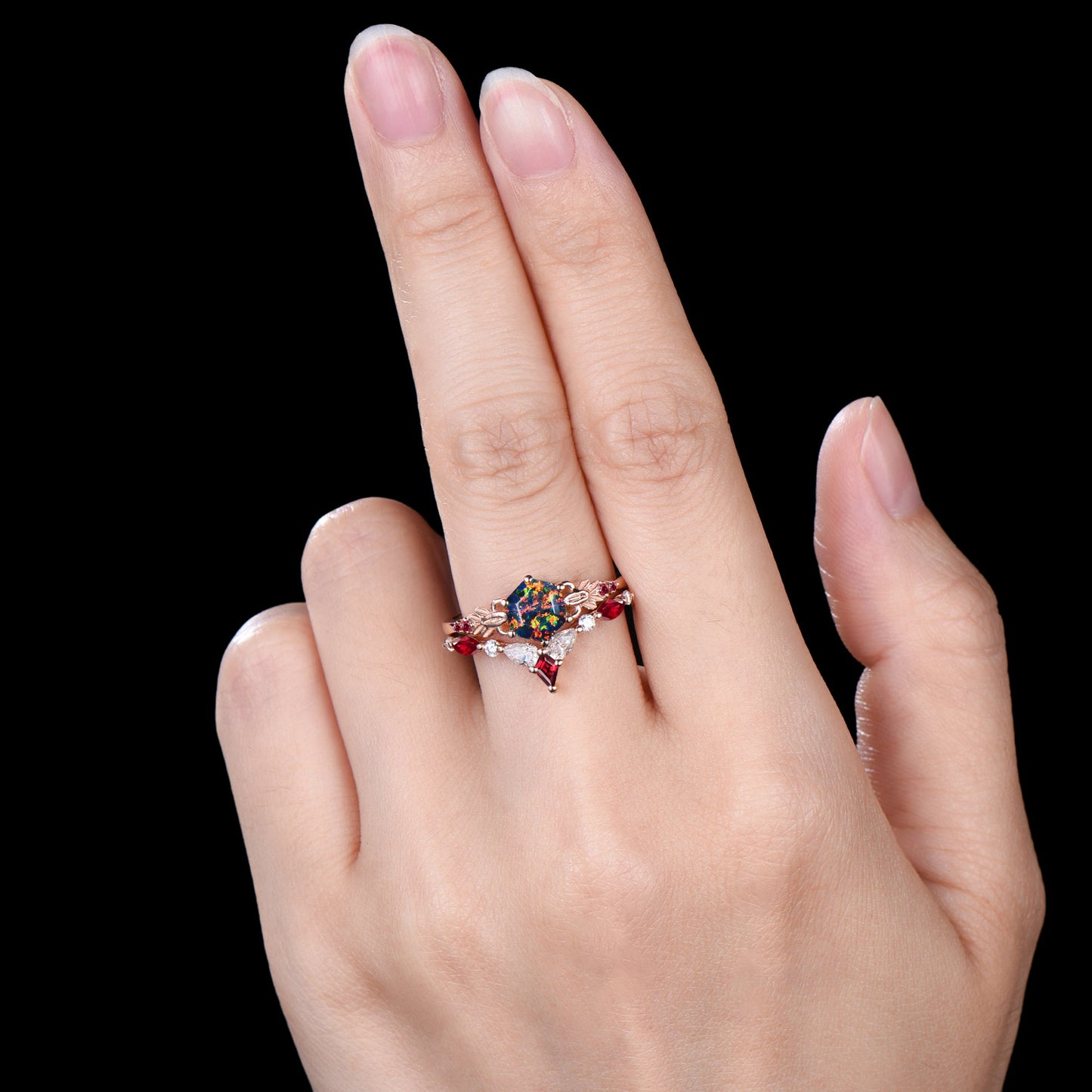 Delicate Hexagon Black Opal Leaf Engagement Ring Moissanite Ruby Curved Matching Band Nature Inspired Ring Set Anniversary Gifts For Women