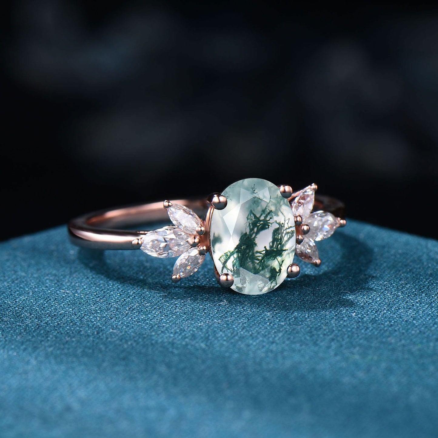 1.5CT Oval Cut moss agate engagement Rings Vintage Marquise Art Deco ring