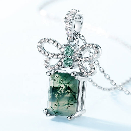 Unique 7x9mm Emerald Cut Moss Agate Bow Knot Neckalce Pendant