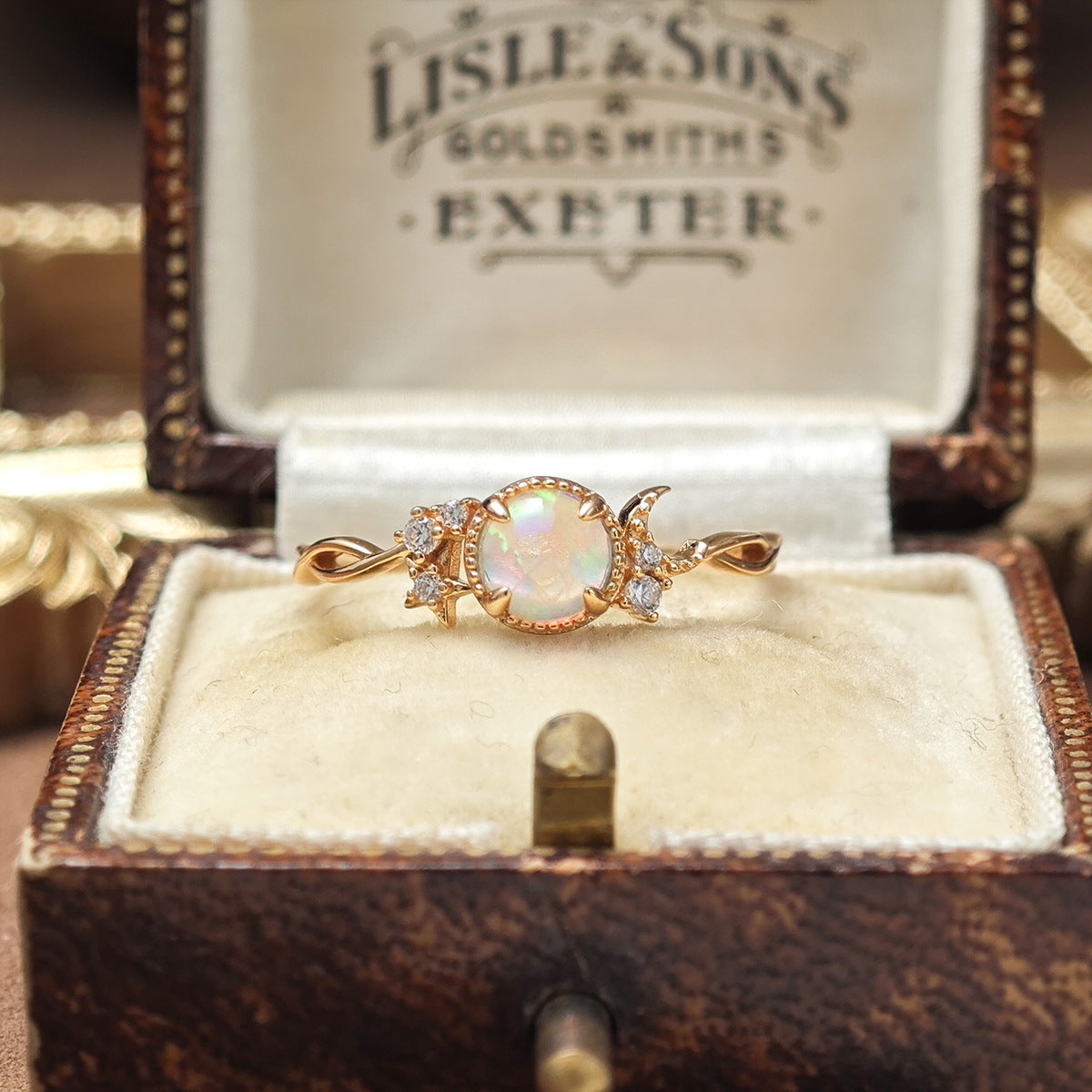 Dainty Opal Engagement Ring , Celestial Moon Star Design Promise Ring for Women