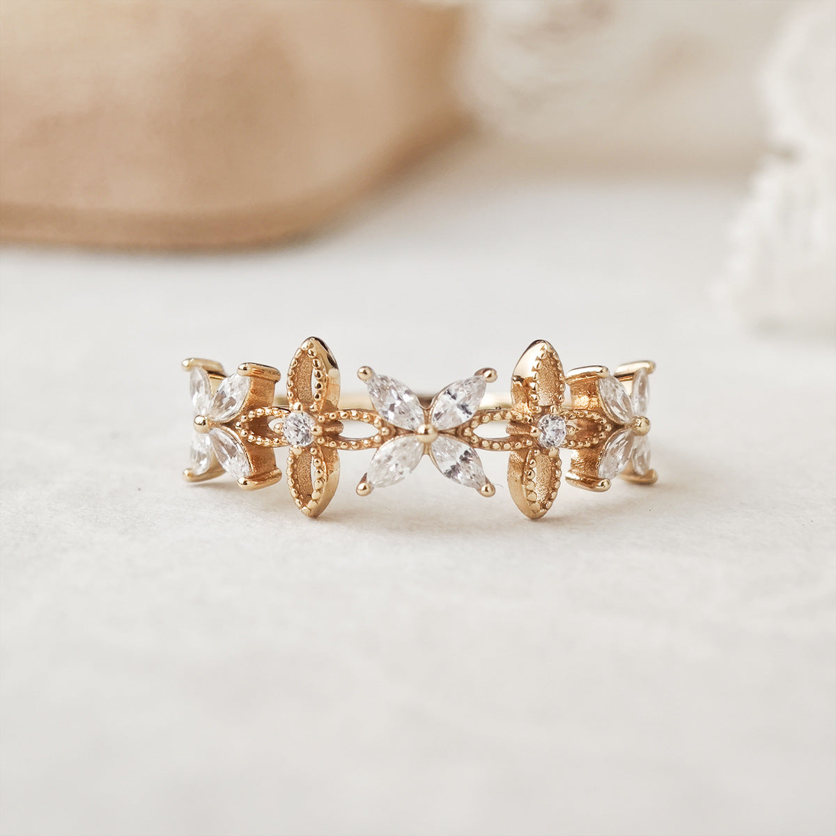 Flower Moissanite Wedding Ring, Marquise Cut Crystal Floral Stackable Ring for Women