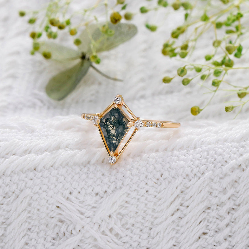 Vintage Kite Cut Moss Agate Engagement Ring Minimalist Diamond Accent Wedding Promise Ring