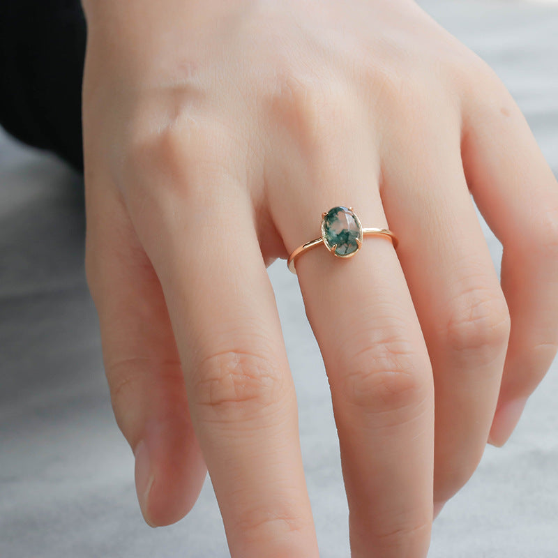 Minimalist Oval Cut Moss Agate Engagement Ring 6x8mm Dainty Promise Ring