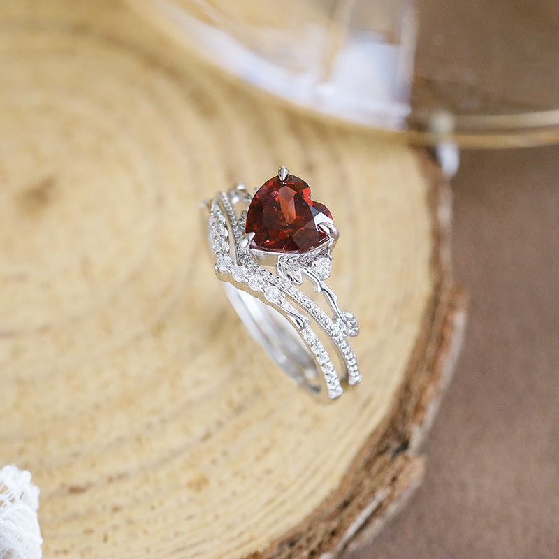 Art Deco Milgrain Heart Shaped Garnet Engagement Ring Set- leaf Vine Branch Stacking Band