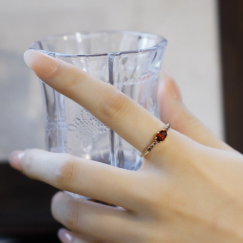 French Retro East to West Garnet Engagement Ring Marquise Cut - Dainty Knurled Stacking Band for Women