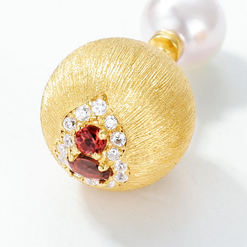Unique January Birthstone Garnet Pearl Earrings, Brushed Gold Ball Stud Earrings