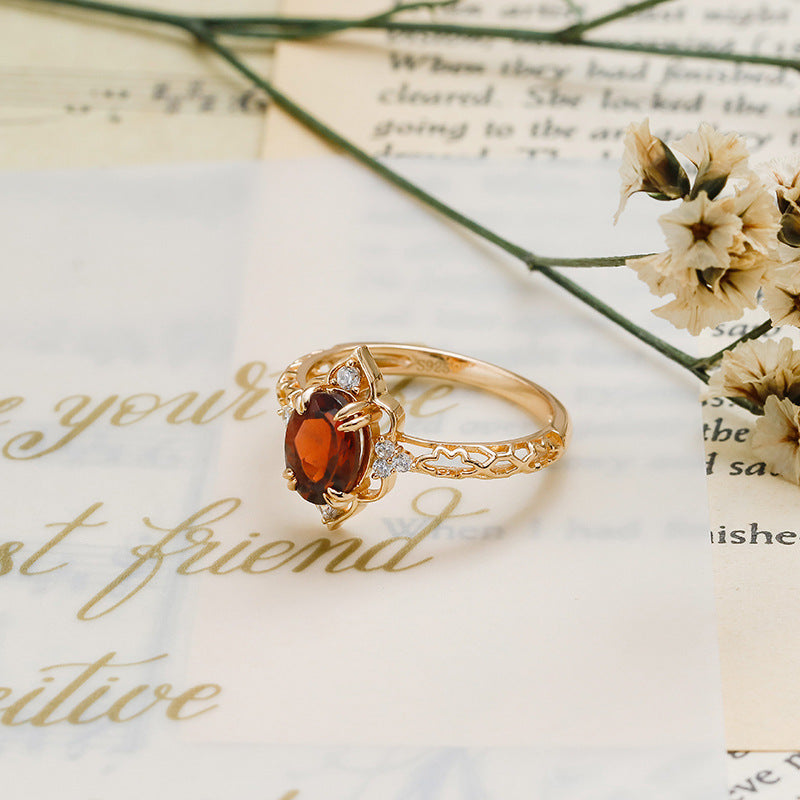 Gothic Marquise-Style Oval Garnet Ring - Vintage Pointed Halo Band