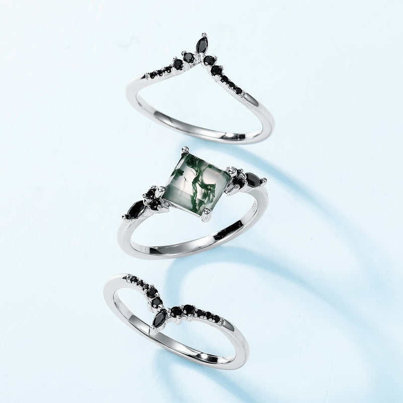 Natural 7mm Princess Cut Moss Agate Engagement Ring, Alternative Bridal Set with Gothic Black Stones