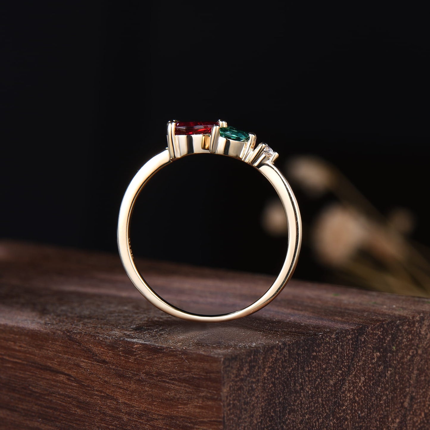 Pear Ruby & Green Emerald Cluster Ring with Marquise Leaf Accents