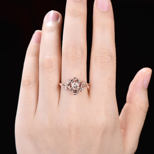 Floral Round Cut Morganite Engagement Ring Rose Gold Ring Nature Inspired Flower Ring