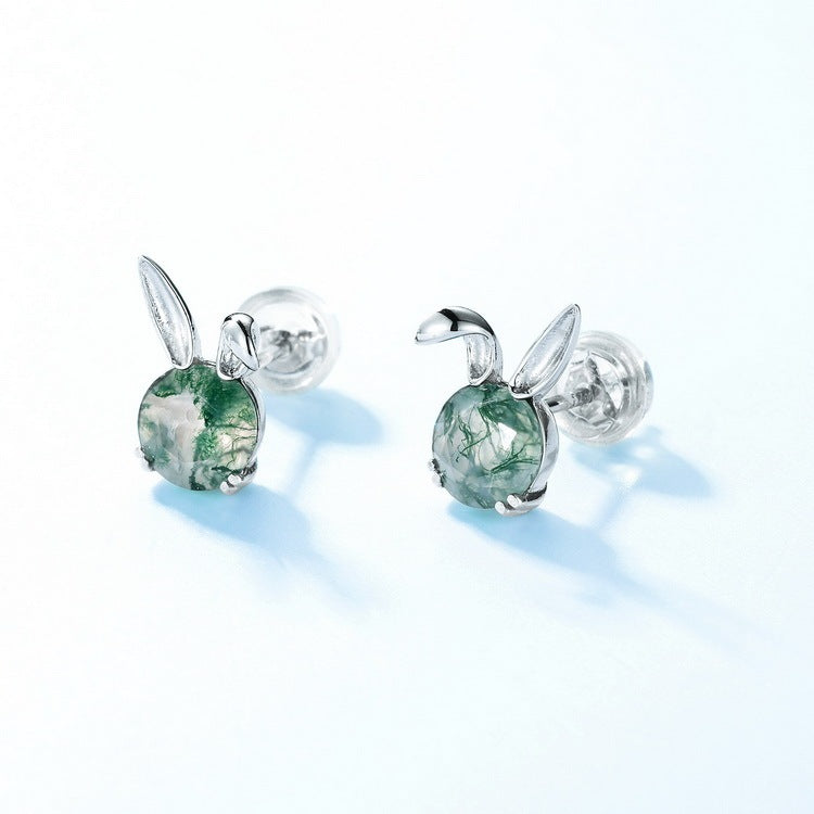 Natural Round Cut Moss Agate Rabbit Studs Bunny Earrings