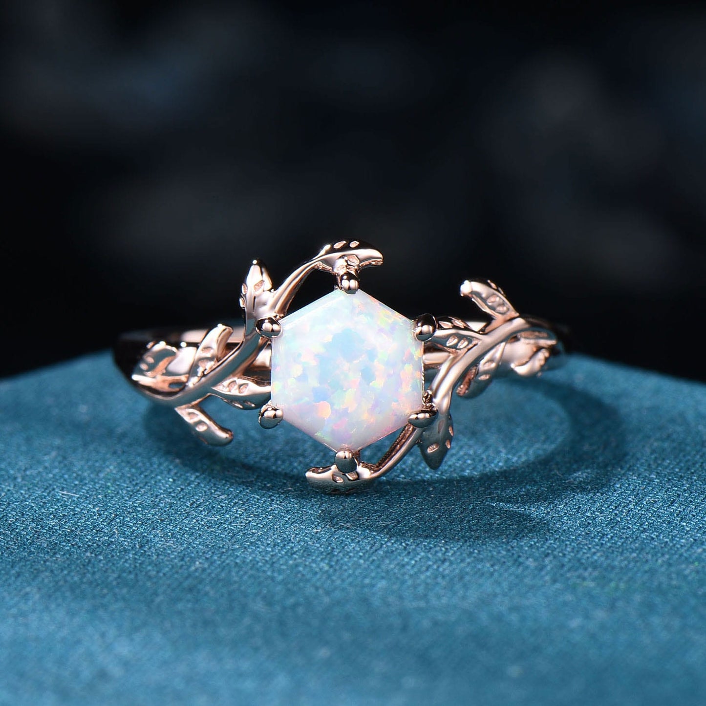 Vintage Hexagon Opal Ring, Rose Gold Vine and Leaf Branch Ring