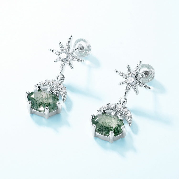 Unique 7x9mm Oval Moss Agate Star and Moon Dangle Earrings