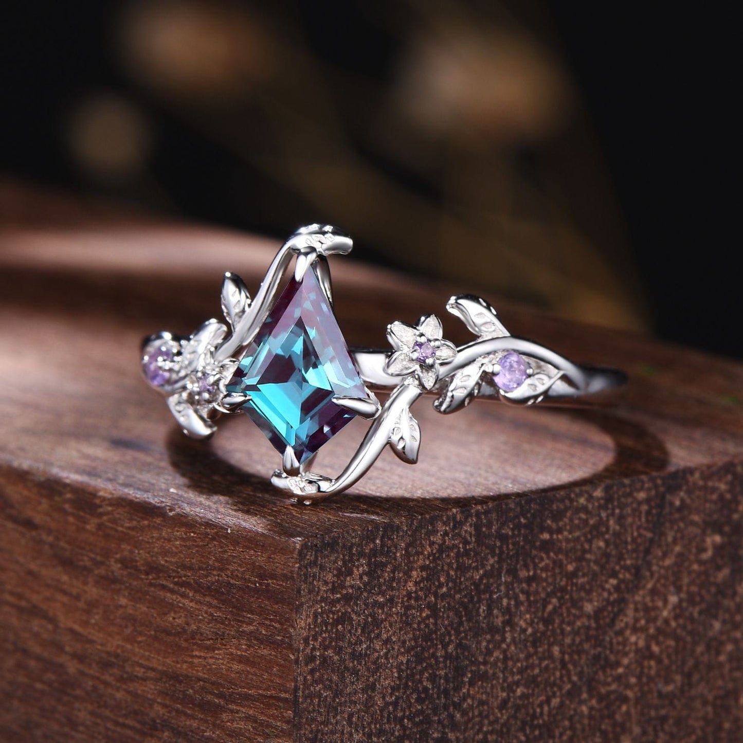 Nature-Inspired Kite Cut Alexandrite Engagement Ring | Floral Vine White Gold Ring with Amethyst Accents
