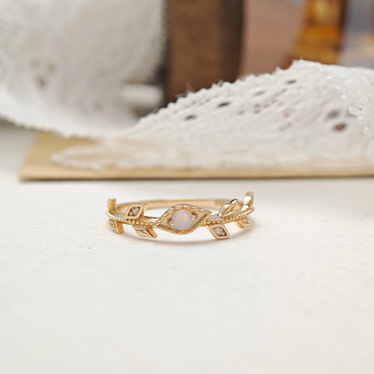Dainty Opal Leaf Vine Wedding Ring, Nature Inspired Stackable Ring