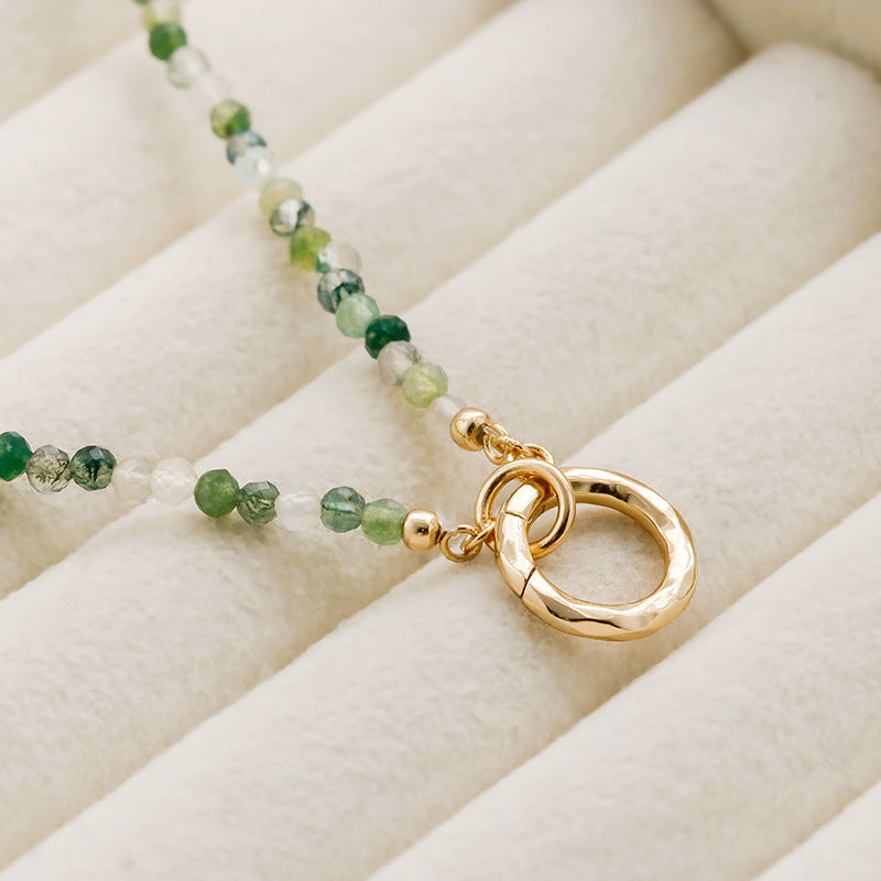 Natural Moss Agate Beaded Necklace with Vintage Gold Front Clasp