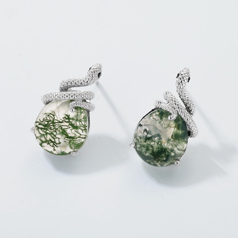 Pear Shaped Moss Agate Snake Stud Earrings