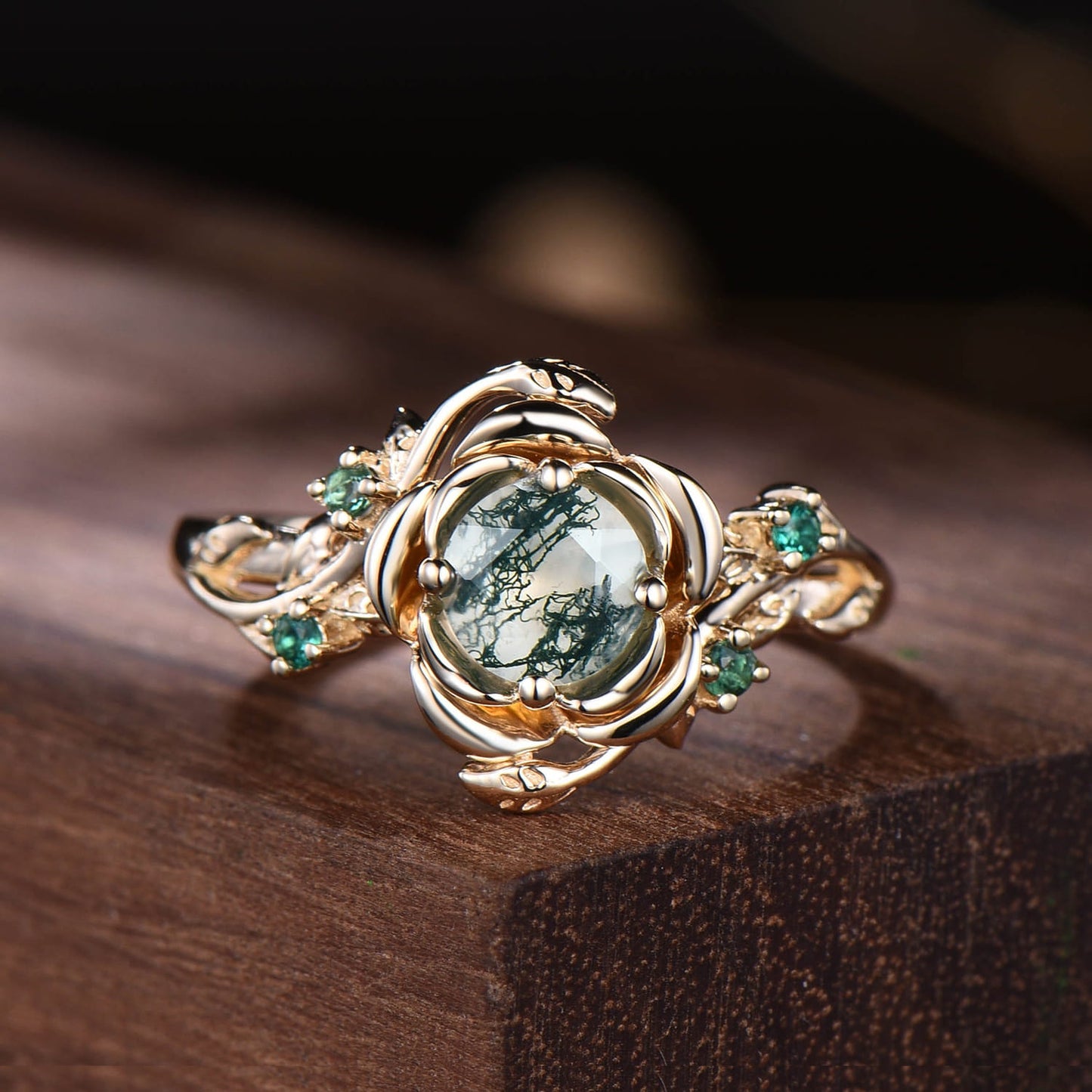 Floral Natural Moss Agate Engagement Ring Rose Gold Nature Inspired Flower Snake Ring