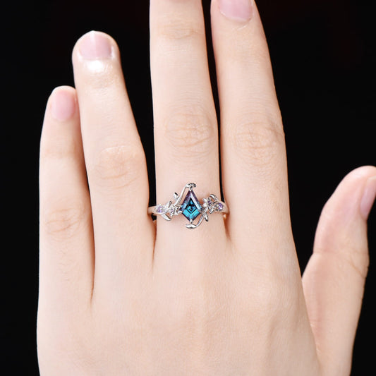 Nature-Inspired Kite Cut Alexandrite Engagement Ring | Floral Vine White Gold Ring with Amethyst Accents
