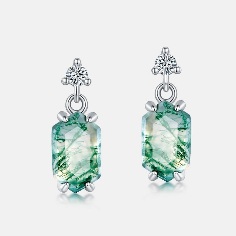 Dainty Moss Agate Earrings - Unique Long Hexagonal Nature Jewelry
