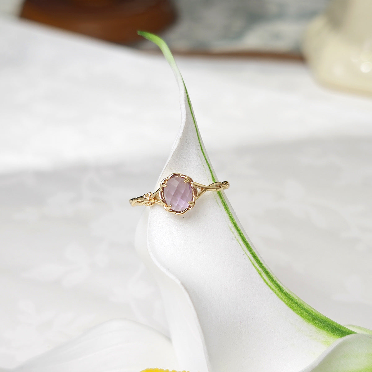 Ethereal Amethyst Engagement Ring Twisted Vine Gold Band Nature Inspired Promise Ring