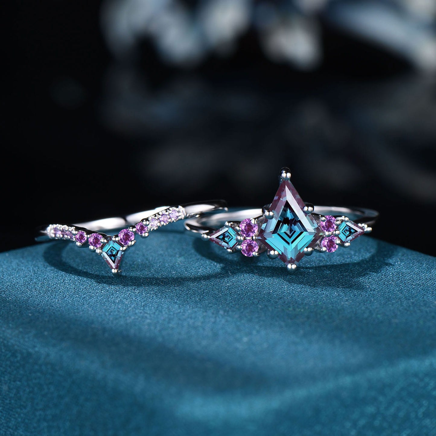Vintage Kite Cut Alexandrite Ring Set: Rose Gold Cluster Amethyst Wedding Band