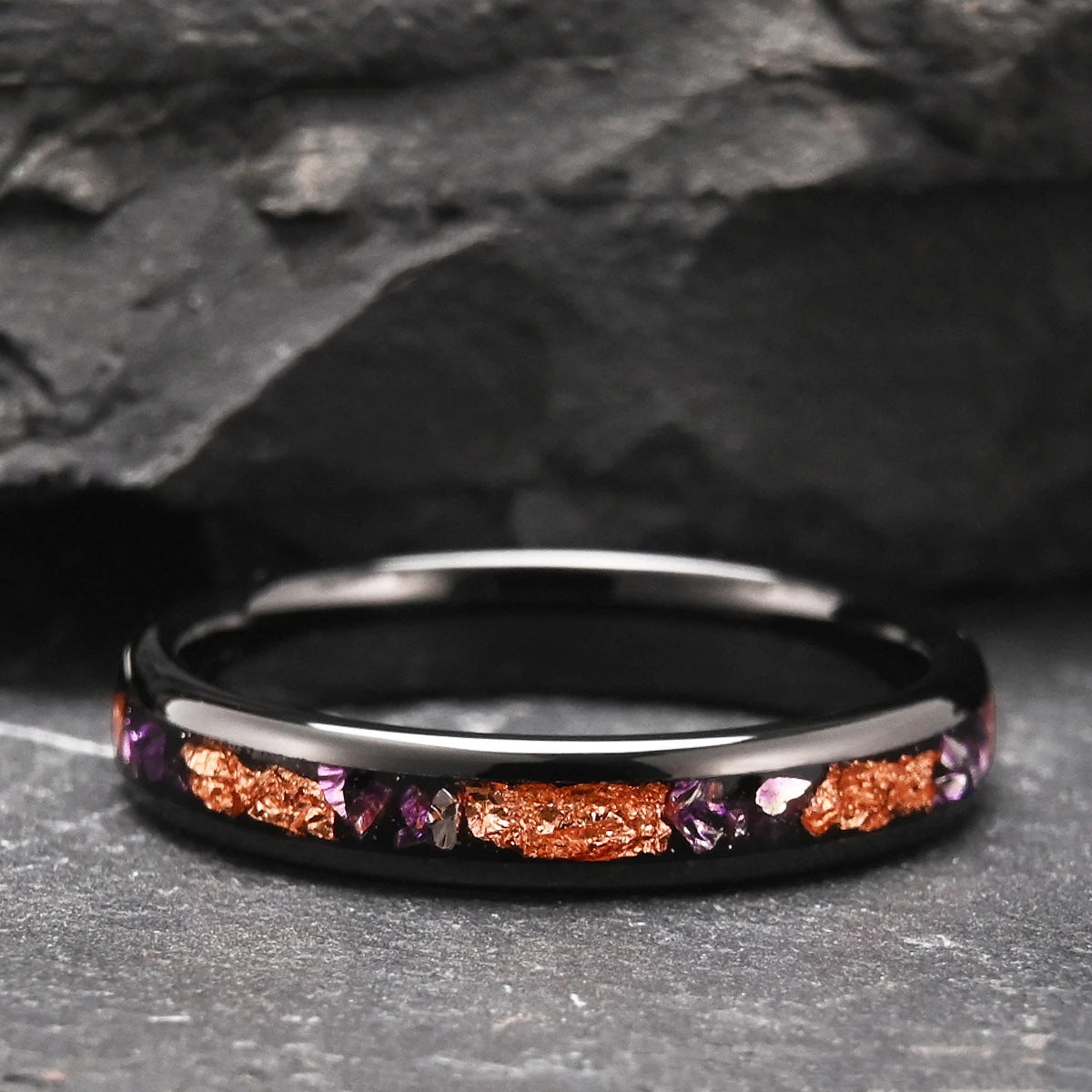 4mm Nebula Black Ring with Crushed Amethyst & Rose Gold Flakes