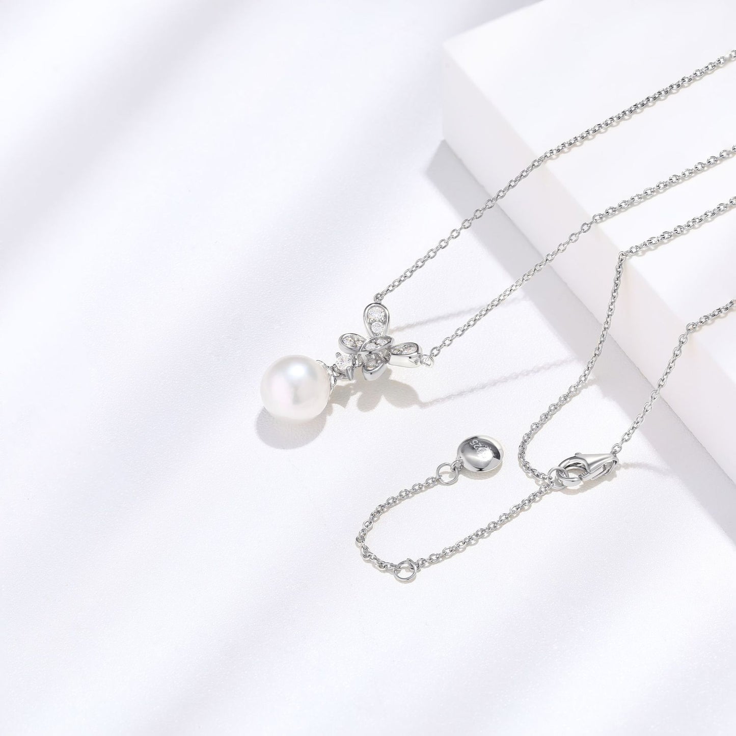 Unique Butterfly Drop Pearl Necklace White Gold Finish