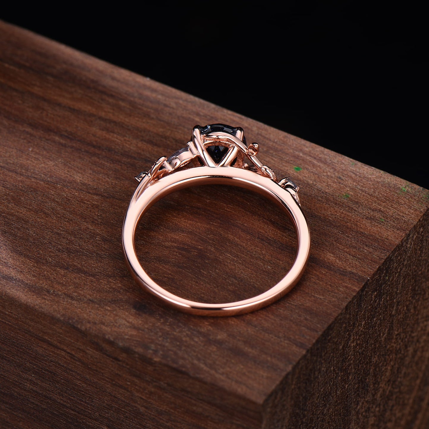 Rose Gold Twig Leaf Blue Sandstone Ring | Nature Inspired Galaxy Star Stone Alexandrite Promise Ring