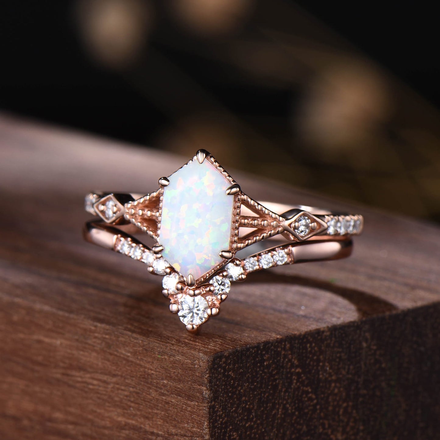 Vintage Hexagon Opal Bridal Set Art Deco Crown Moissanite Curved Band