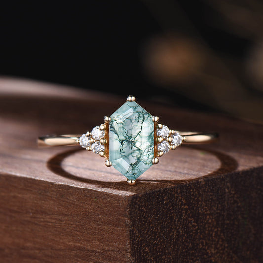 Hexagon Moss Agate Engagement Ring Set, Vintage Nature Inspired Branch Vine Ring, Unique Cluster Bridal Set