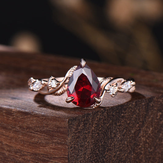 Nature Inspired Pear Ruby Bridal Set 14k rose gold Unique Twig Vine Teardrop Ruby Engagement Ring Ring Set women