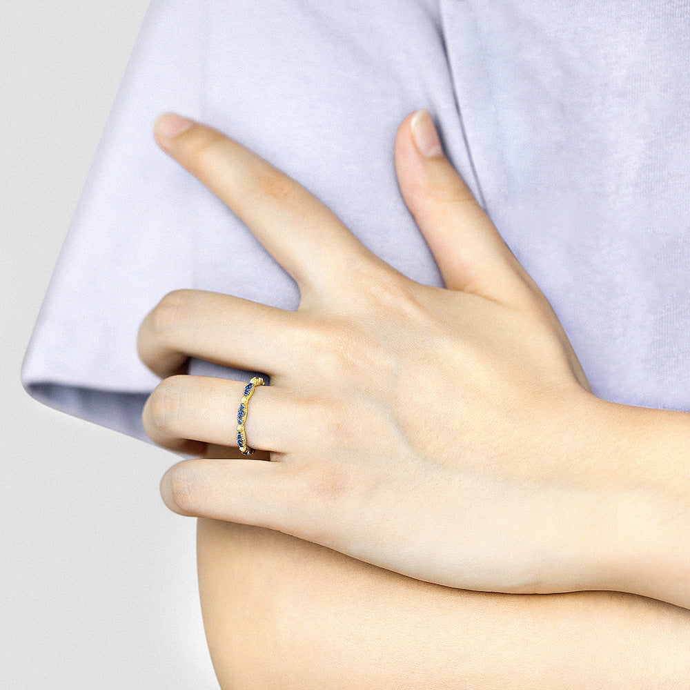 Blue Sapphire Wave Full Eternity Stacking Ring Trio