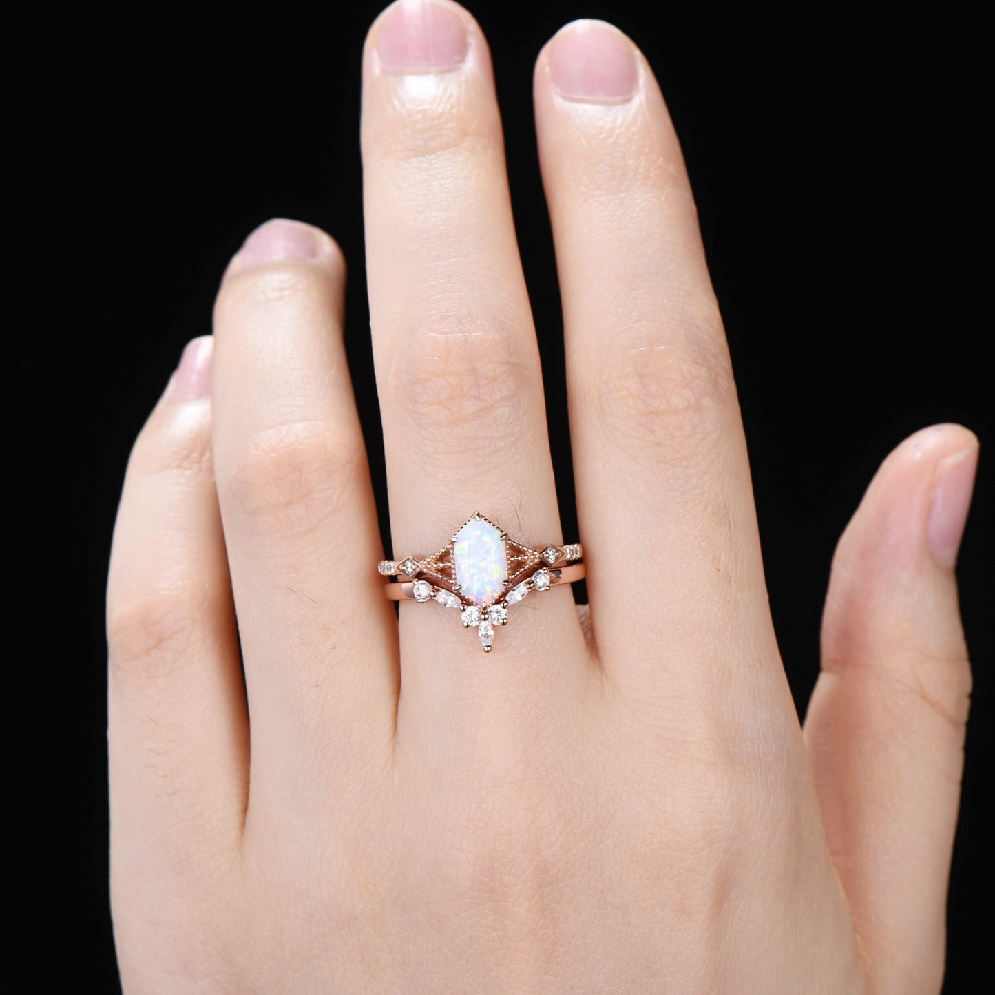 Elongated Hexagon Opal Engagement Ring Set with Milgrain Detailing & Curved Stacking Band