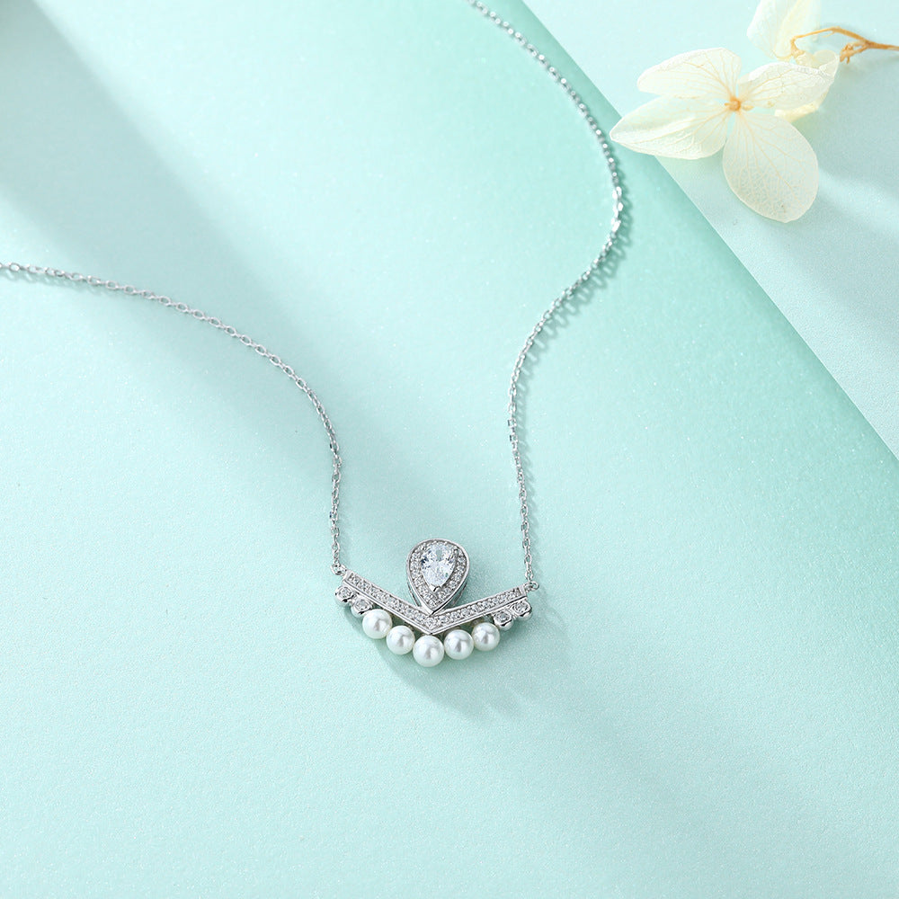 Elegant Chevron Tiara Pearl Fringe Necklace-ear Cut Halo V-Bar Pendant