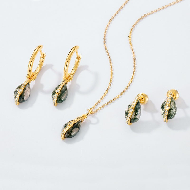 Orbit Pear Moss Agate Stud Earrings