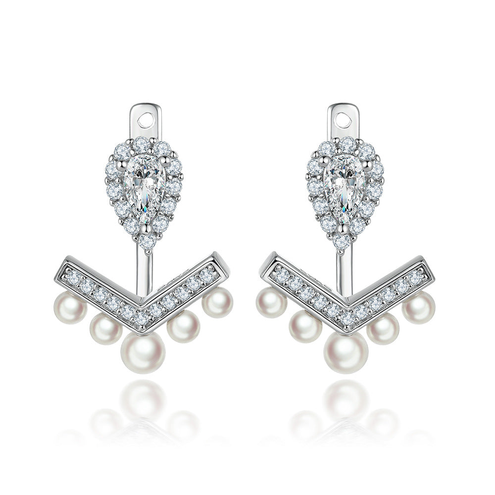 Pear Cut Halo Stud Earrings- Elegant Chevron Tiara Pearl Ear Jackets