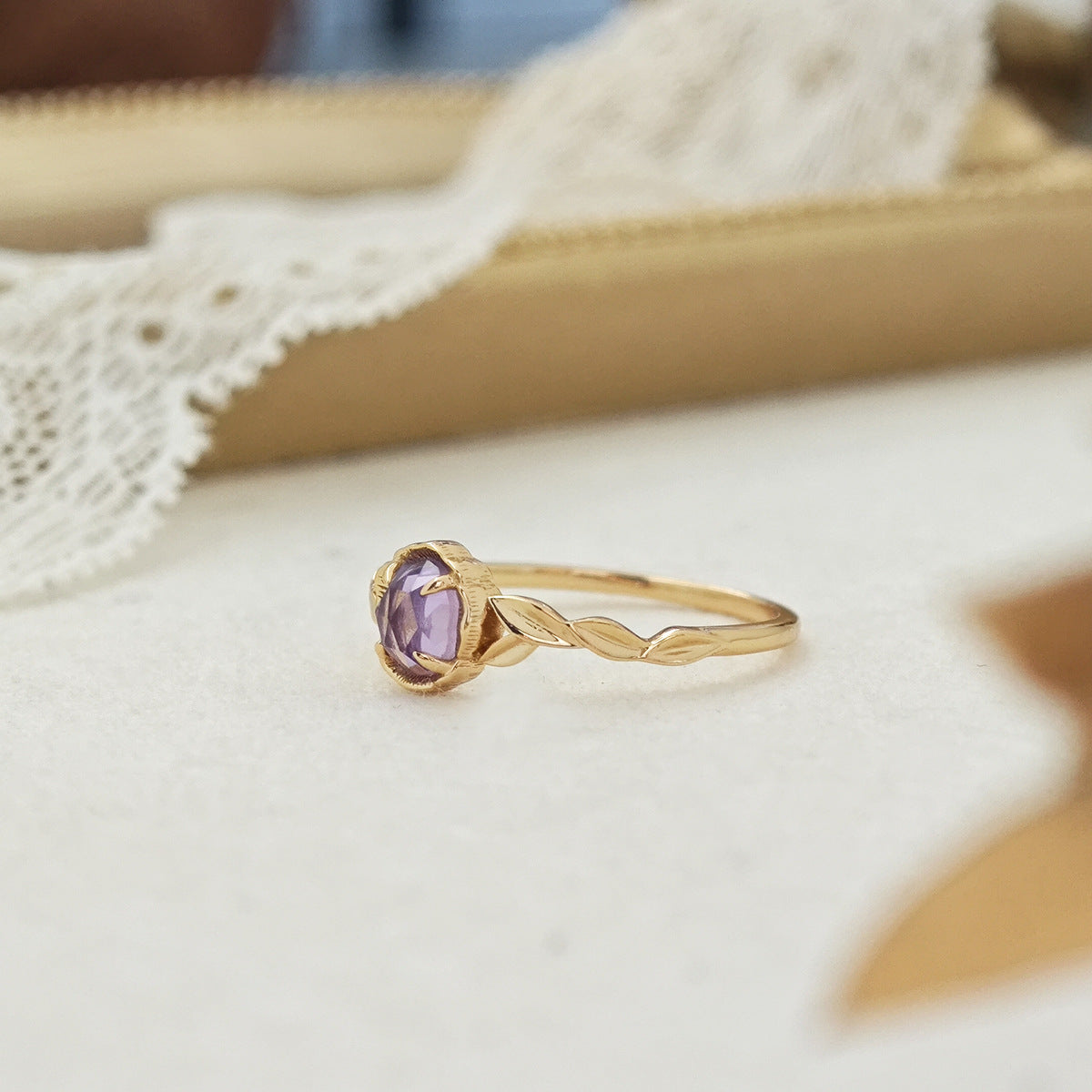 Unique Amethyst Engagement Ring Set, Nature Inspired Leaf Design Promise Ring for Women