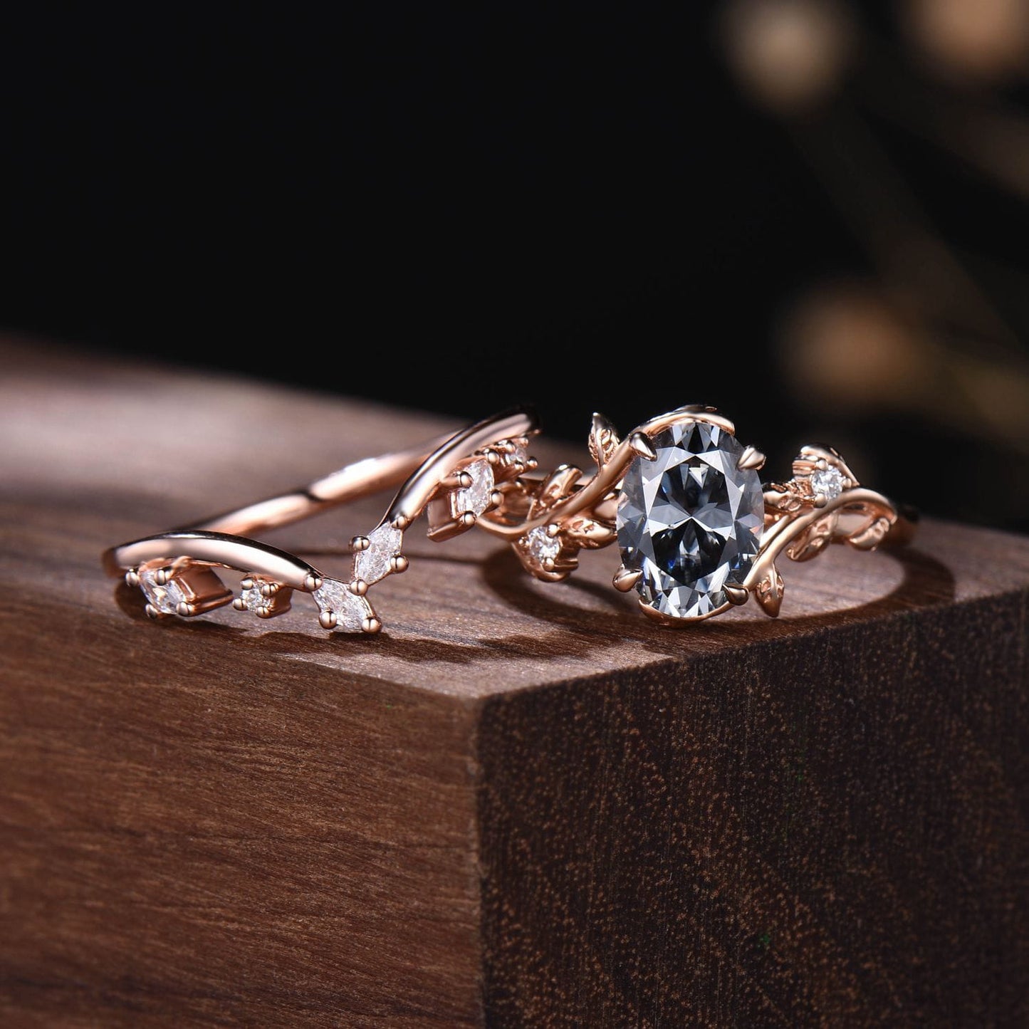 Nature-Inspired Oval Grey Moissanite Bridal Set | Rose Gold Vine Engagement Ring with Curved Marquise Band