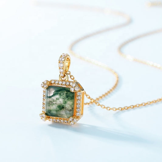 Retro 9mm Princess Cut Moss Agate Halo Neckalce Pendant