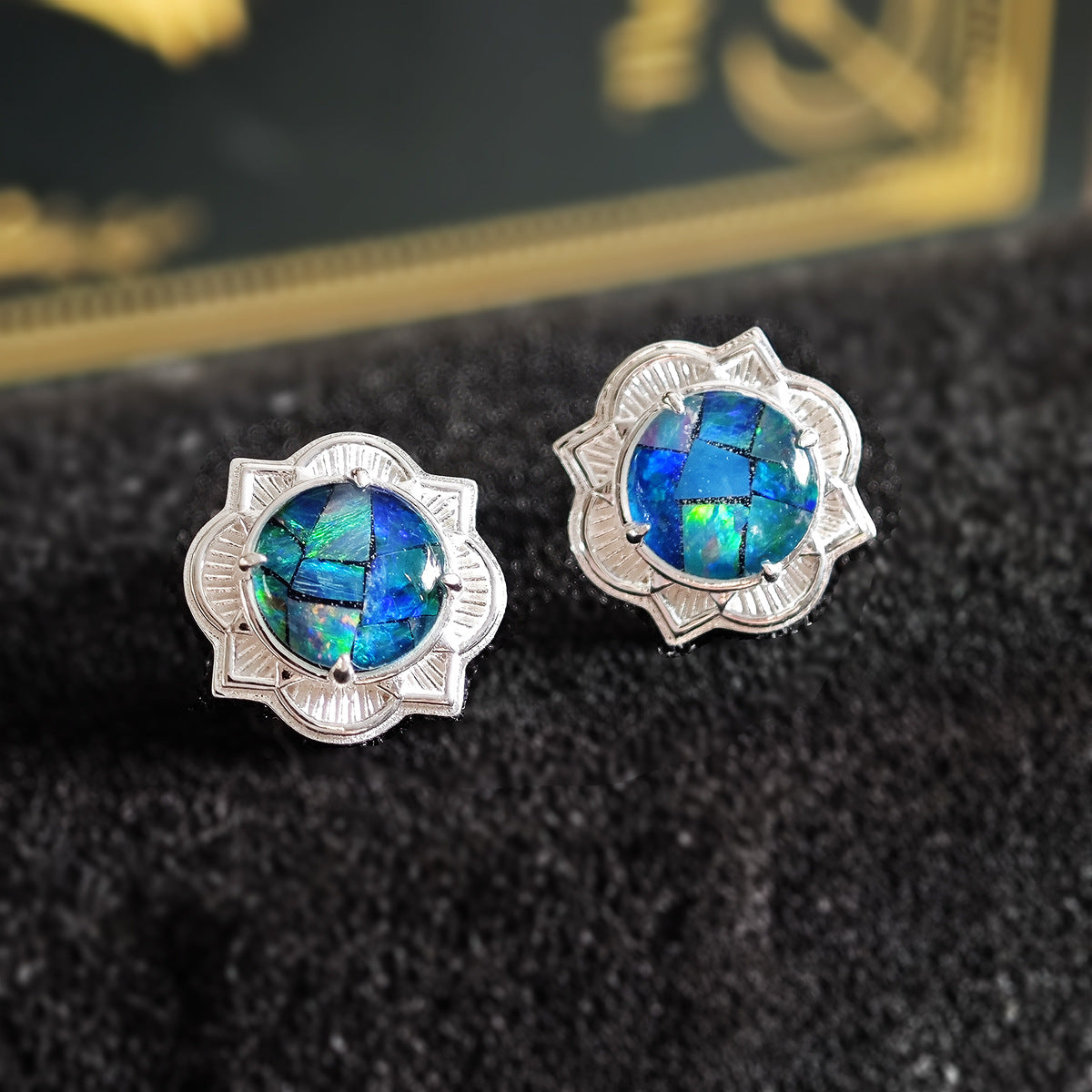 925 Sterling Silver Opal Jewelry Set, Vintage Floral Design Ring, Earrings & Necklace Set with Mosaic Opal
