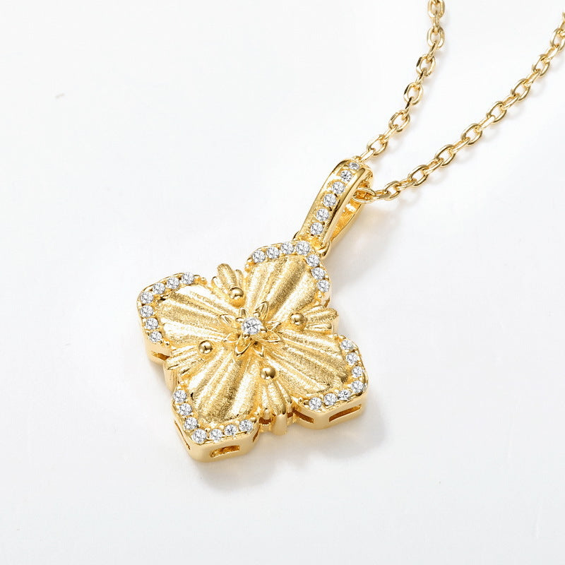 Vintage Inspired Brushed Gold Four Leaf Clover Necklace Floral Cross Pendant