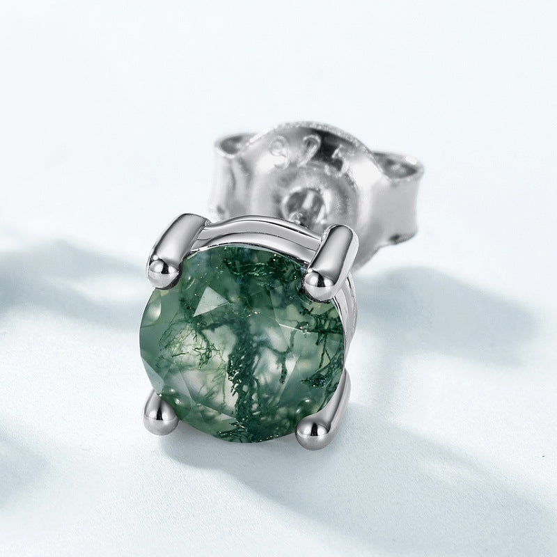 Minimalist 1 Carat Round Cut Moss Agate Stud Earrings