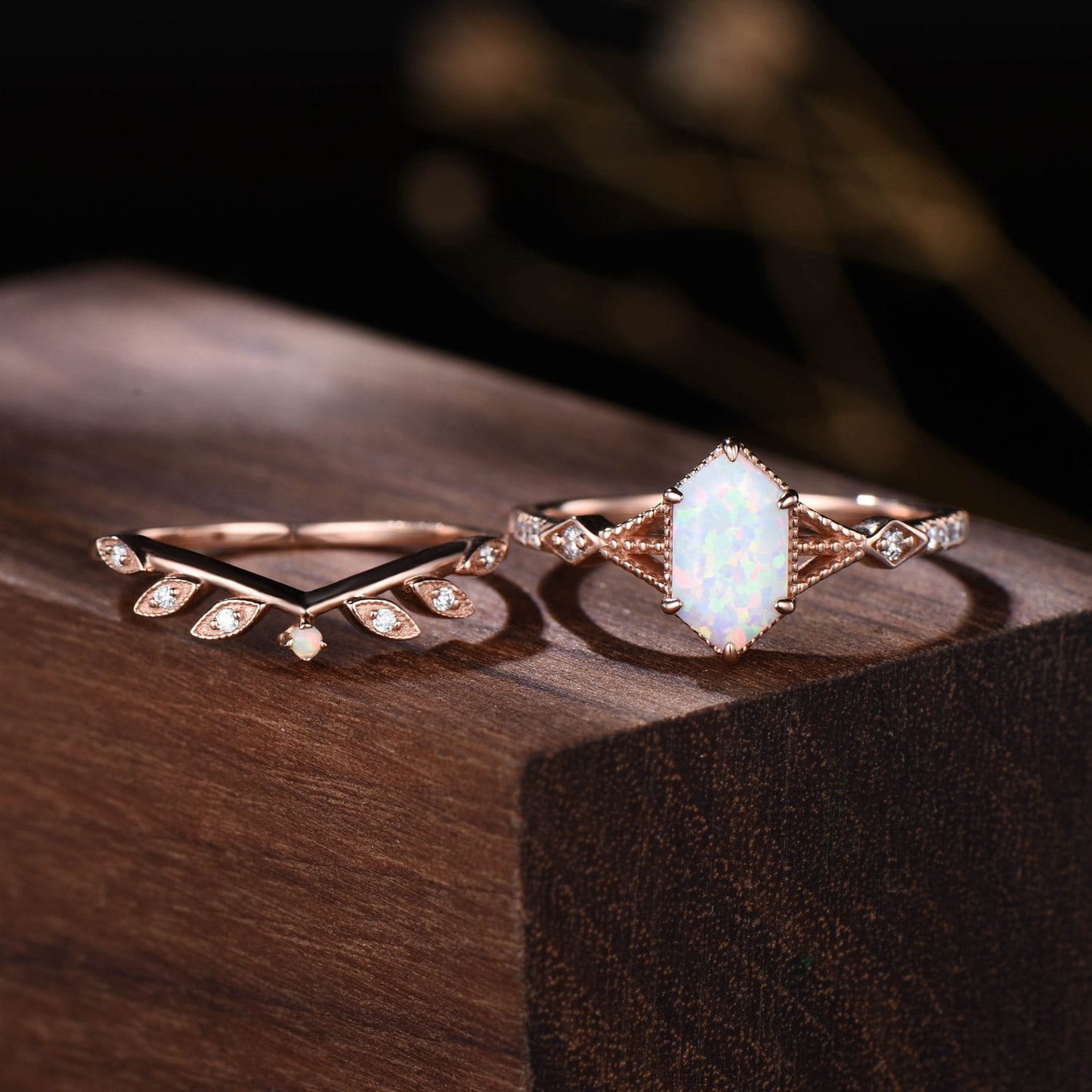 Vintage Opal Bridal Set | Hexagon Center Stone with Delicate Leaf and Moissanite Curved Band