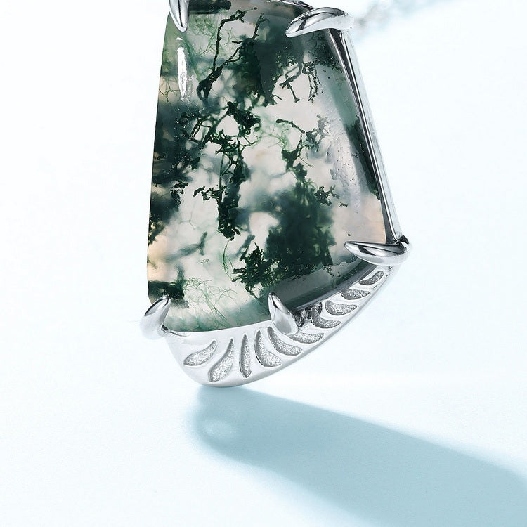 Unique Fan Shaped Moss Agate Necklace Pendant