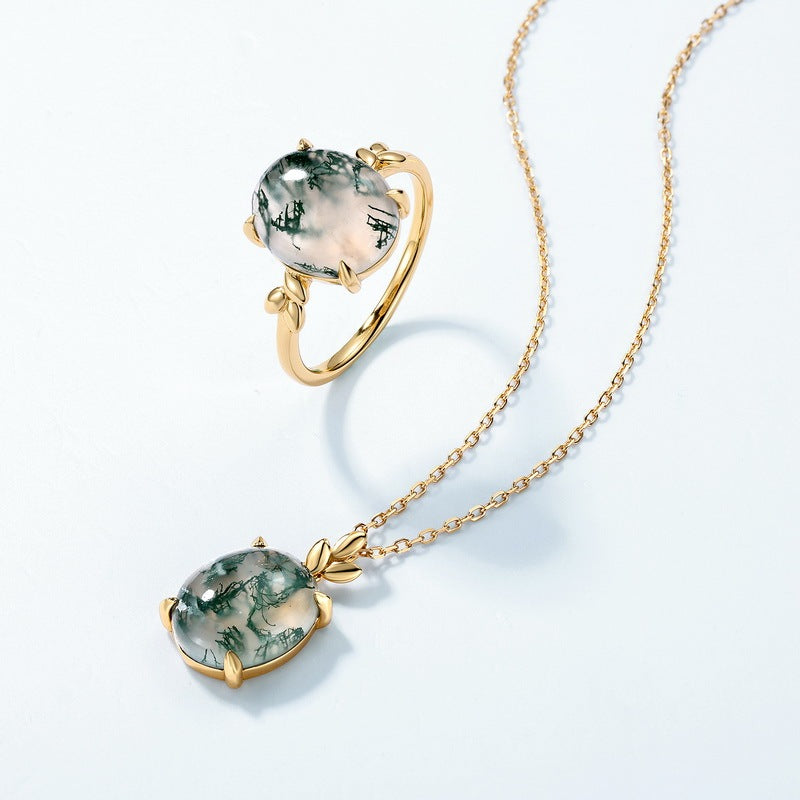 Elegant Oval Cut Moss Agate Leaf Vine Neckalce Pendant
