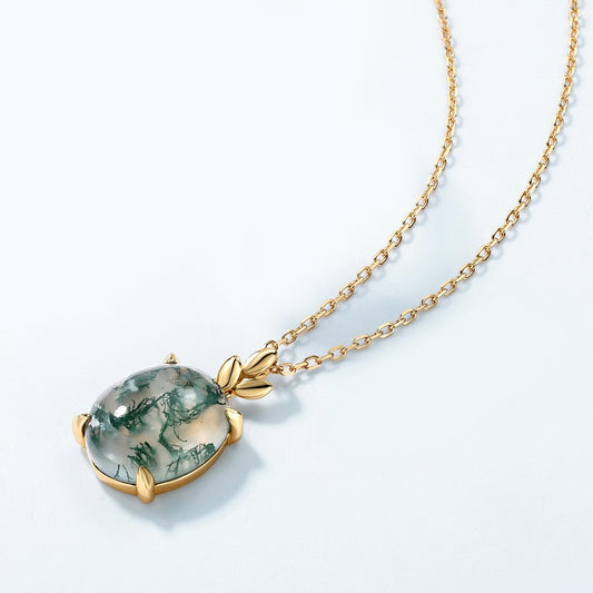 Elegant Oval Cut Moss Agate Leaf Vine Neckalce Pendant