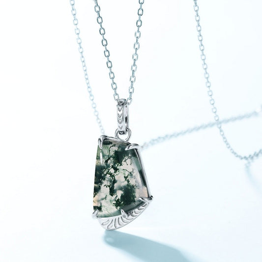 Unique Fan Shaped Moss Agate Necklace Pendant