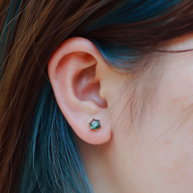 Minimalist Hexagon Cut Moss Agate Stud Earrings Claw Setting
