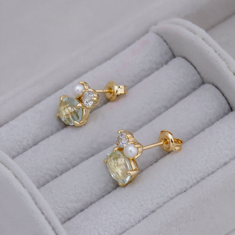 Dainty Oval Cut Green Amethyst Pearl Stud Earrings Three Stone